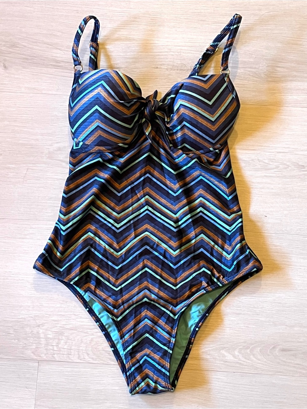 Bluebeach Women's Chevron Tie Front One-Piece Swimsuit in Navy and Teal Size M